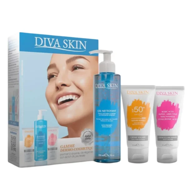 Pack Divaskin:Creme Solaire Anti Age 50Ml+Gel Nettoyant Eclaircissant 200Ml+ Creme Eclaircissante 50Ml