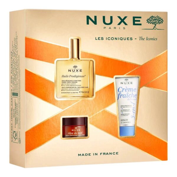 Nuxe Coffret Les Iconiques: Huile Prodigieuse 50ml+Reve De Miel Baume Levres+ Creme Fraiche 3en1