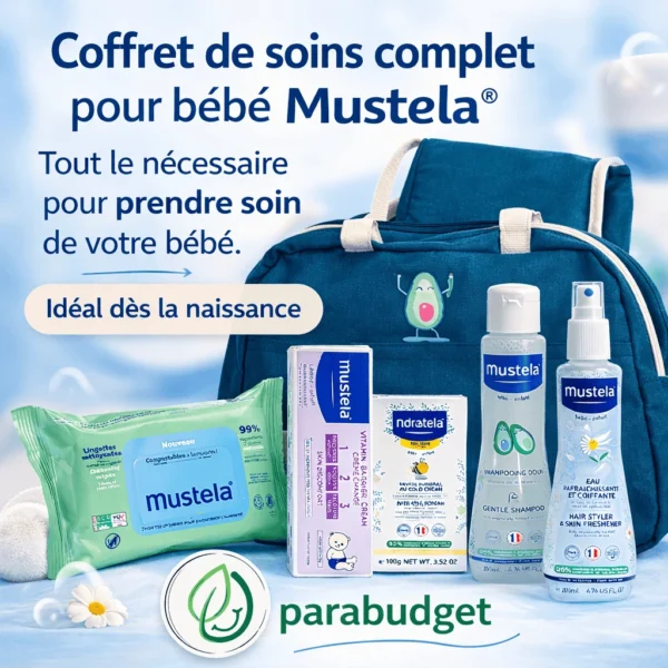 Mustela Sac A Langer : Eau Rafraichissante+Creme Change 100ml+Shampooing bebe 200ml+Savon 100Gr+Lingettes 60